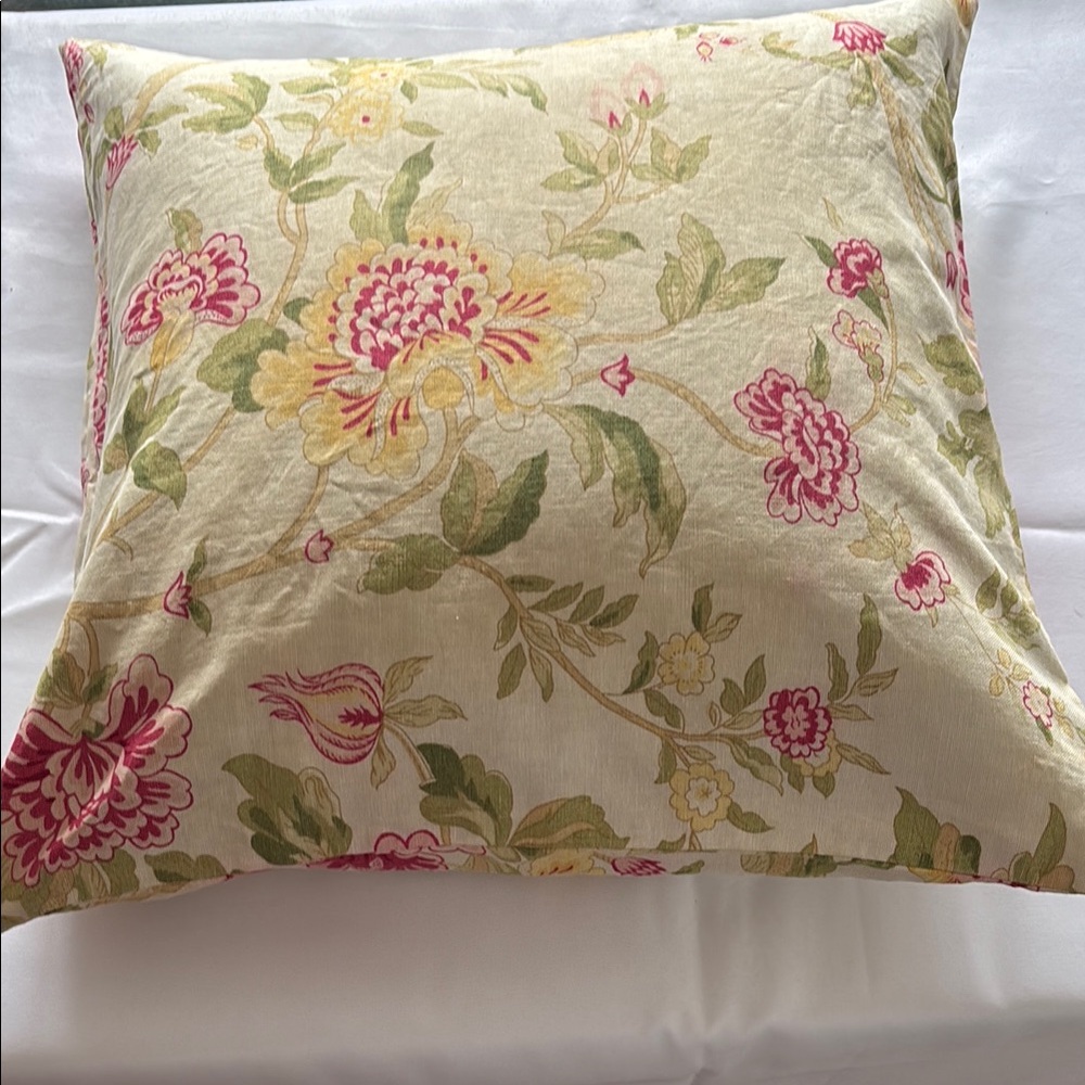 Pottery Barn Floral Throw Pillow with Pink and Yellow accents.